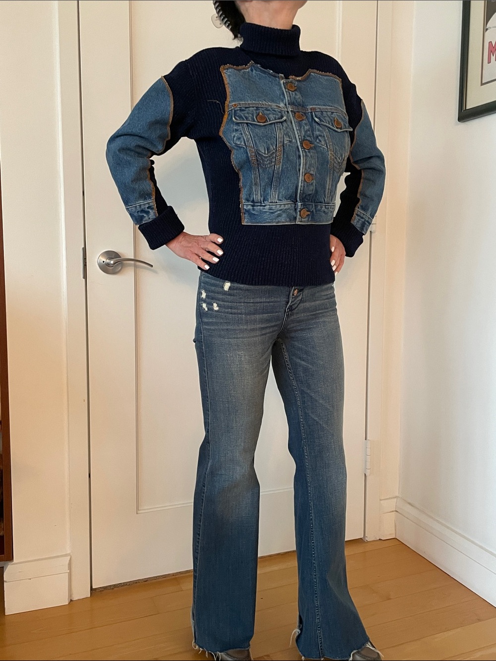 Gaultier Vintage Navy  Sweater-Jacket with Light Blue Denim Front Panel